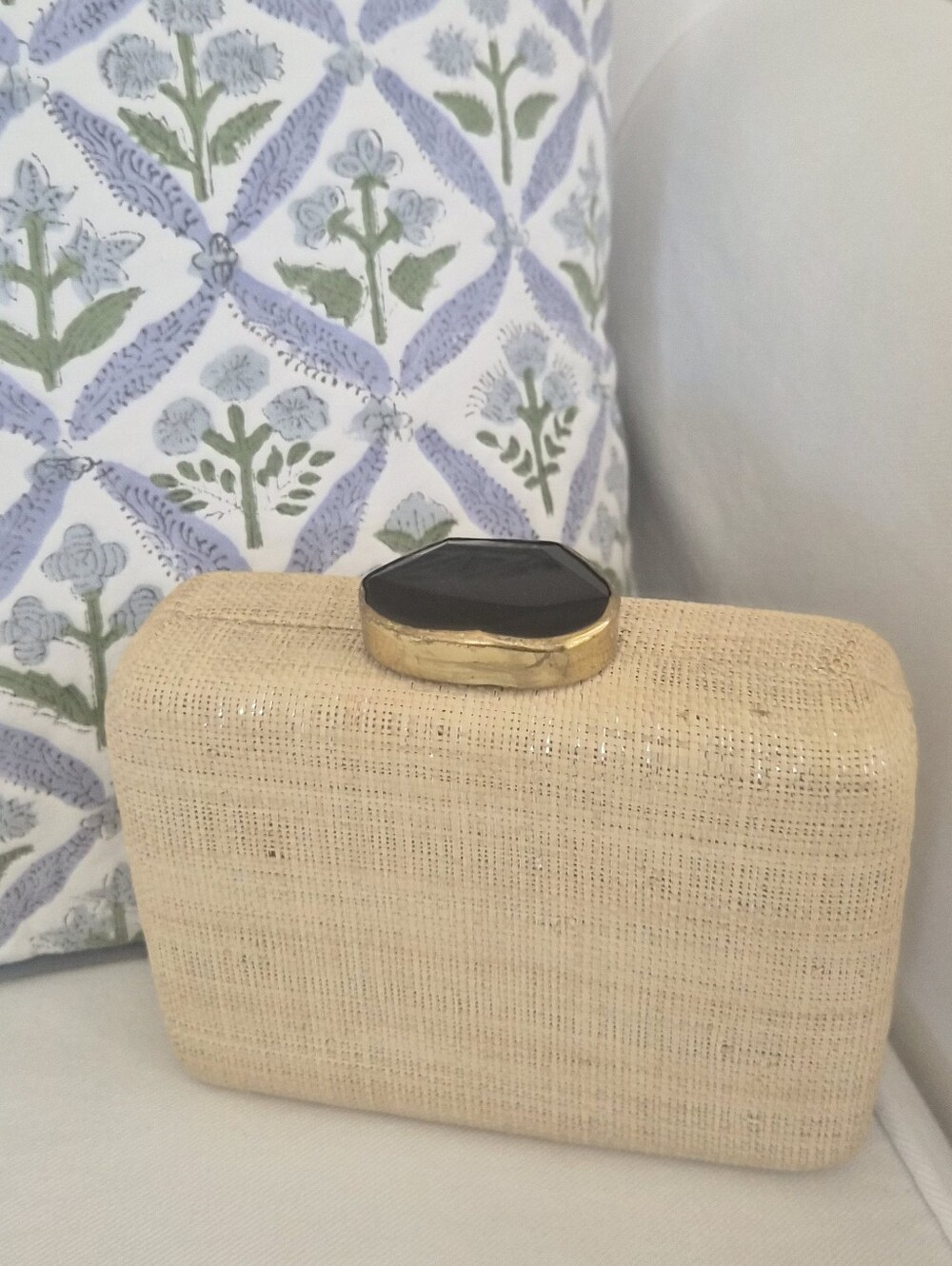 Florabella Neutral Raffia Box Clutch with Black Stone Top